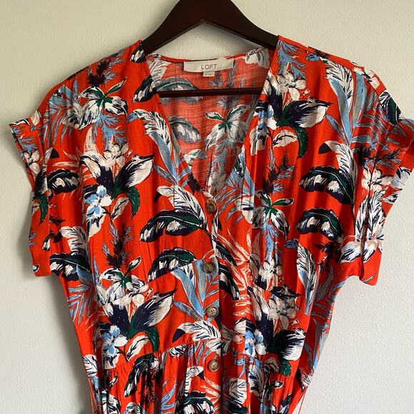 LOFT Womens Floral Short Capped Sleeve Button Down Dress with Belt in Red Size 6 - Picture 2 of 15